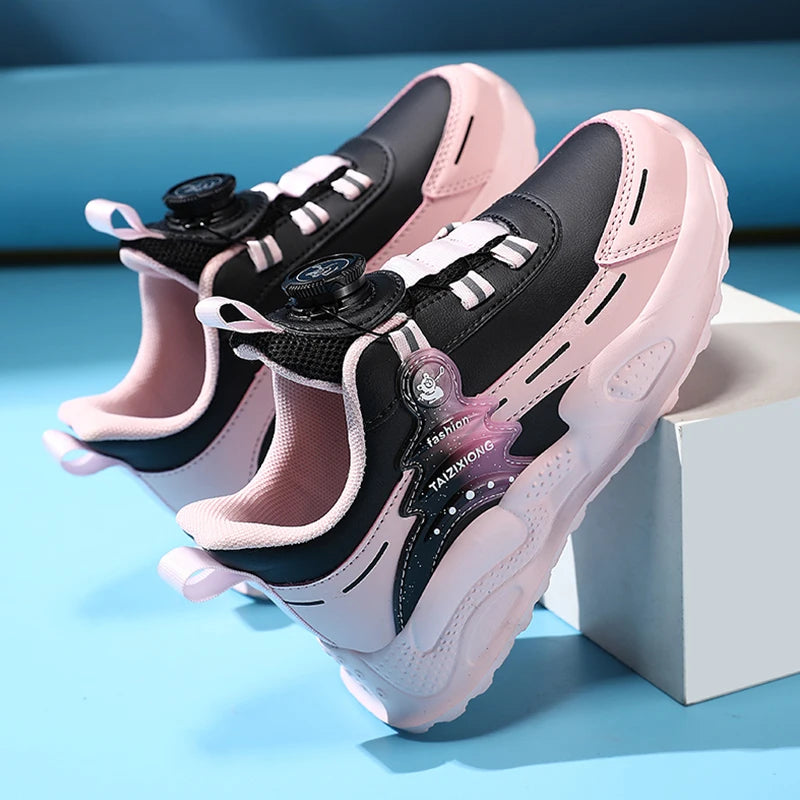 Pair of pink and black sneakers on a blue background