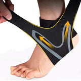 Neoprene ankle support being applied to a left foot on a white background