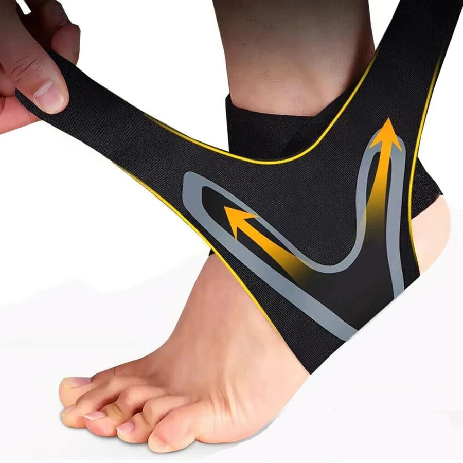 Neoprene ankle support being applied to a left foot on a white background