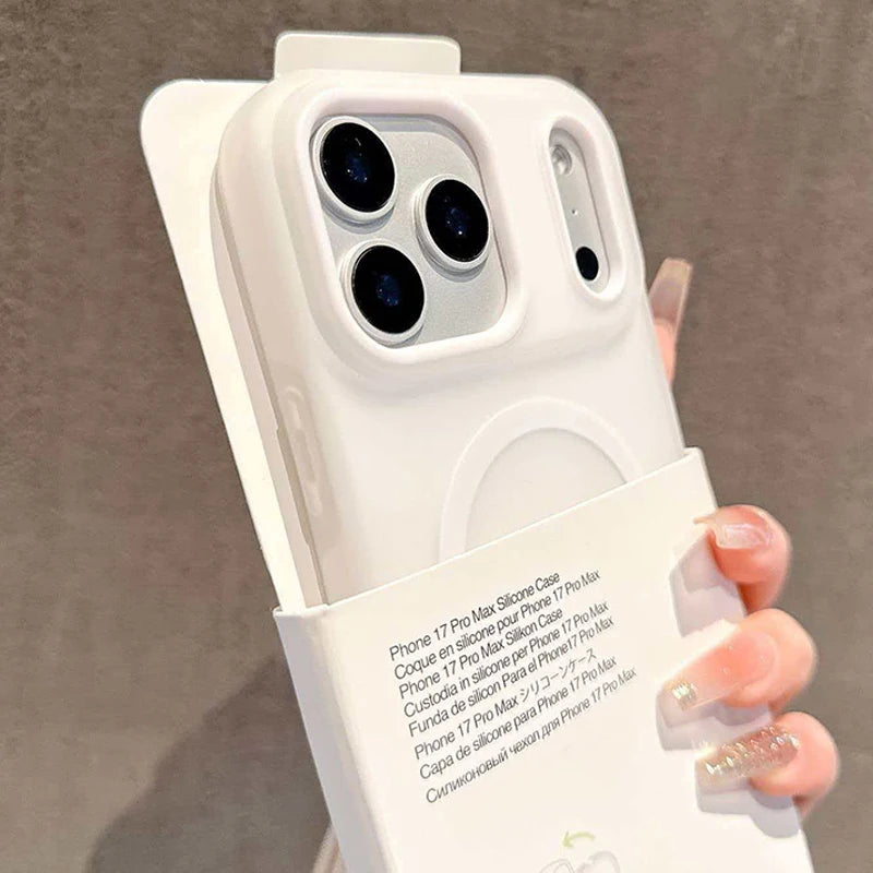 Phone case packaging held by a hand with a neutral background