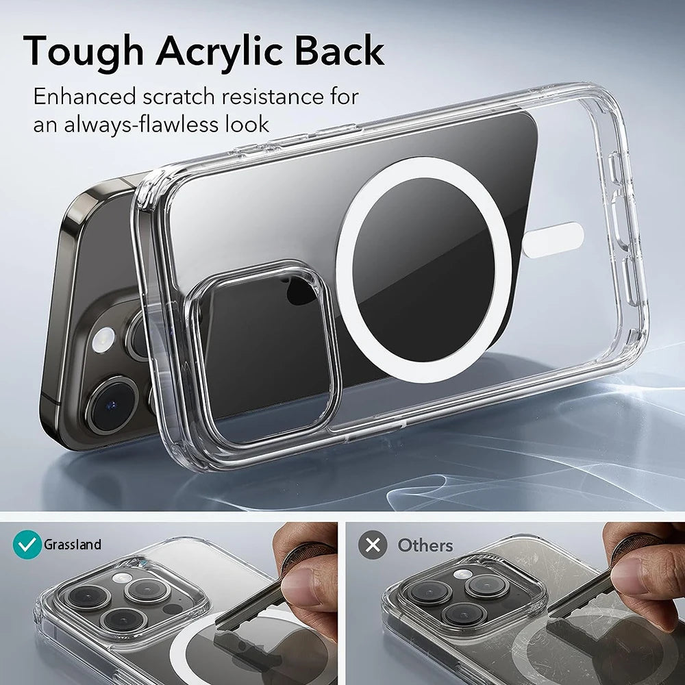 Phone case with tough acrylic back and scratch resistance features on a gray background