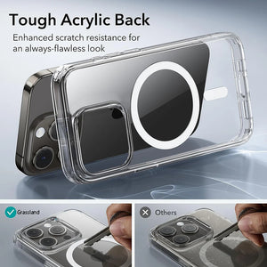 Phone case with tough acrylic back and scratch resistance features on a gray background