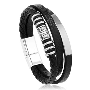 Mens braided leather bracelet with stainless steel clasp multilayer rope wristband