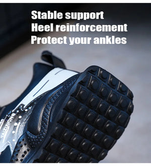 Close-up of a shoe with text highlighting stable support and heel reinforcement.