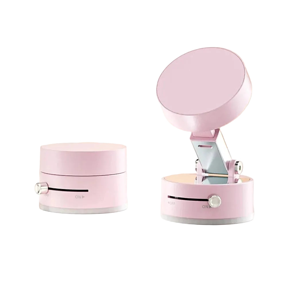 Pink suction cup magnetic bracket with packaging details on a beige background