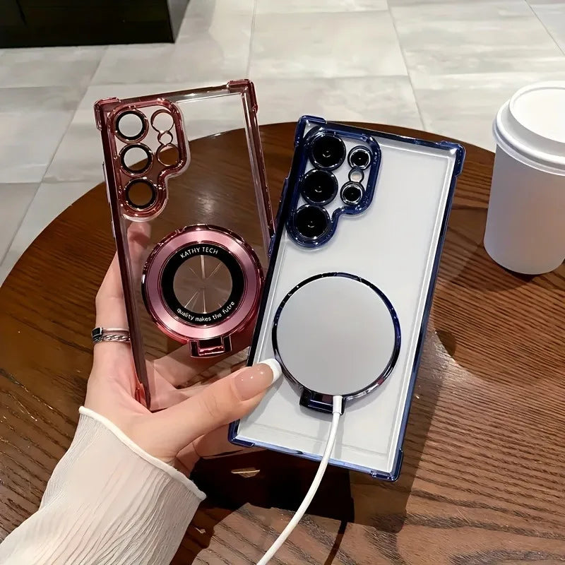Phone case with mirror effect held by a hand on a wooden table.