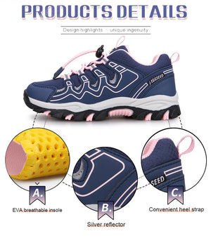 A navy blue athletic sneaker with pink and white accents is shown on a white background under the heading 'PRODUCTS DETAILS.' The image includes three circular callouts labeled A, B, and C highlighting features such as an EVA breathable insole, a silver reflector, and a convenient heel strap.