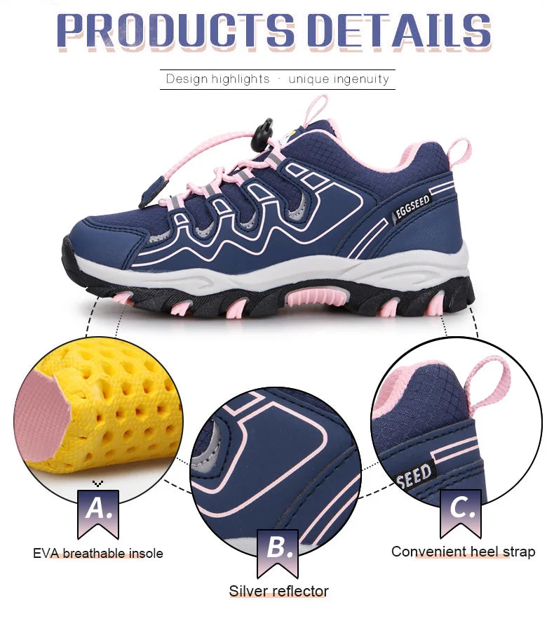 A navy blue athletic sneaker with pink and white accents is shown on a white background under the heading 'PRODUCTS DETAILS.' The image includes three circular callouts labeled A, B, and C highlighting features such as an EVA breathable insole, a silver reflector, and a convenient heel strap.