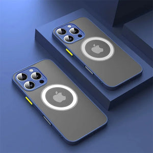 Two Matte armor magnetic iPhone case compatible with MagSafe on a blue background