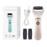 Callus remover with packaging, USB cable, and replacement rollers on a white background