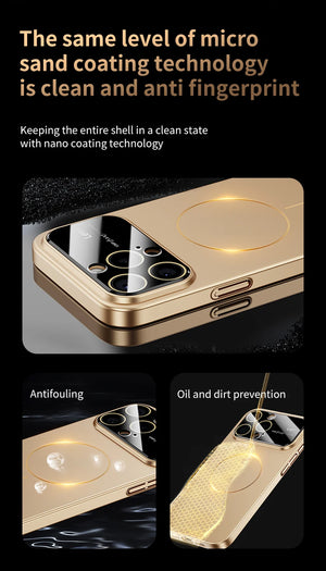 Gold phone case with text about micro sand coating technology on a black background