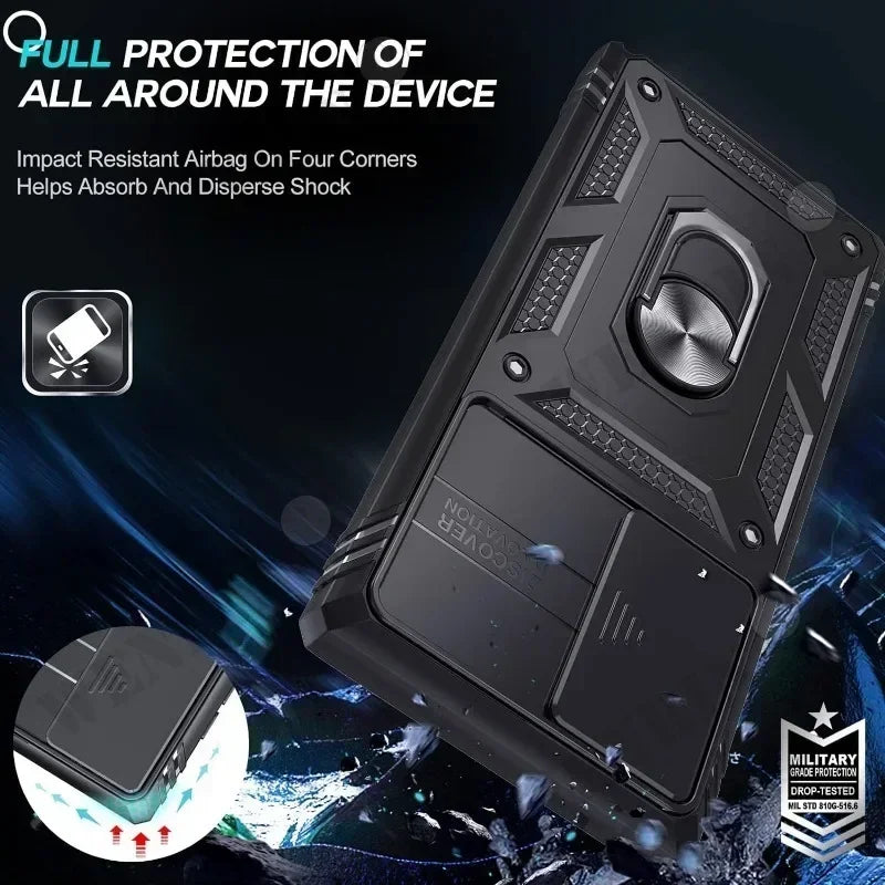 Black Heavy duty Samsung Galaxy case with military-grade protection features on a dark background