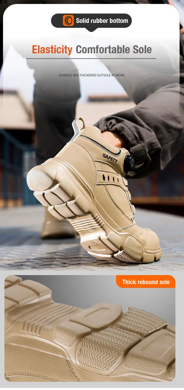 Tan safety shoes with a focus on sole elasticity and comfort, shown on a blurred background.