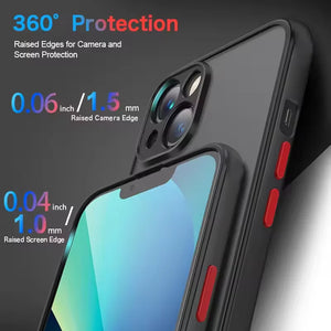 Phone case with raised edges for camera and screen protection, showing measurements.