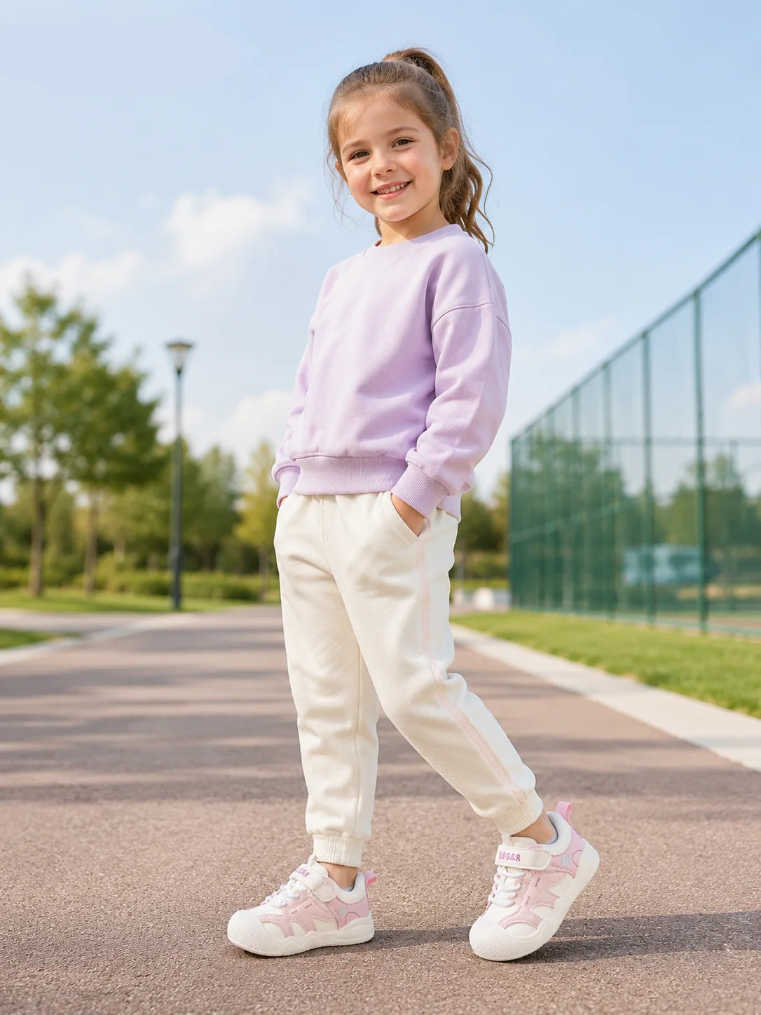 A young girl stands on an outdoor paved path wearing a light purple sweatshirt, cream jogger pants, and white sneakers with pink accents