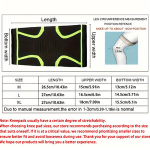 Measurement chart for knee pads with dimensions and size guide.