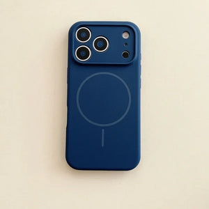 Blue phone case with a circular design on a beige background