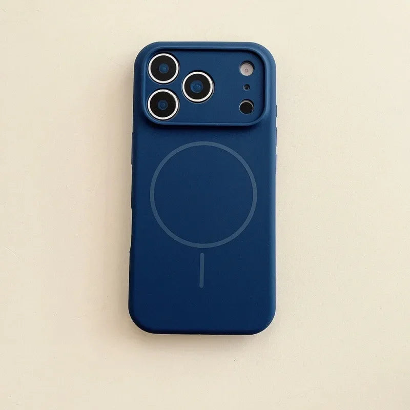 Blue phone case with a circular design on a beige background