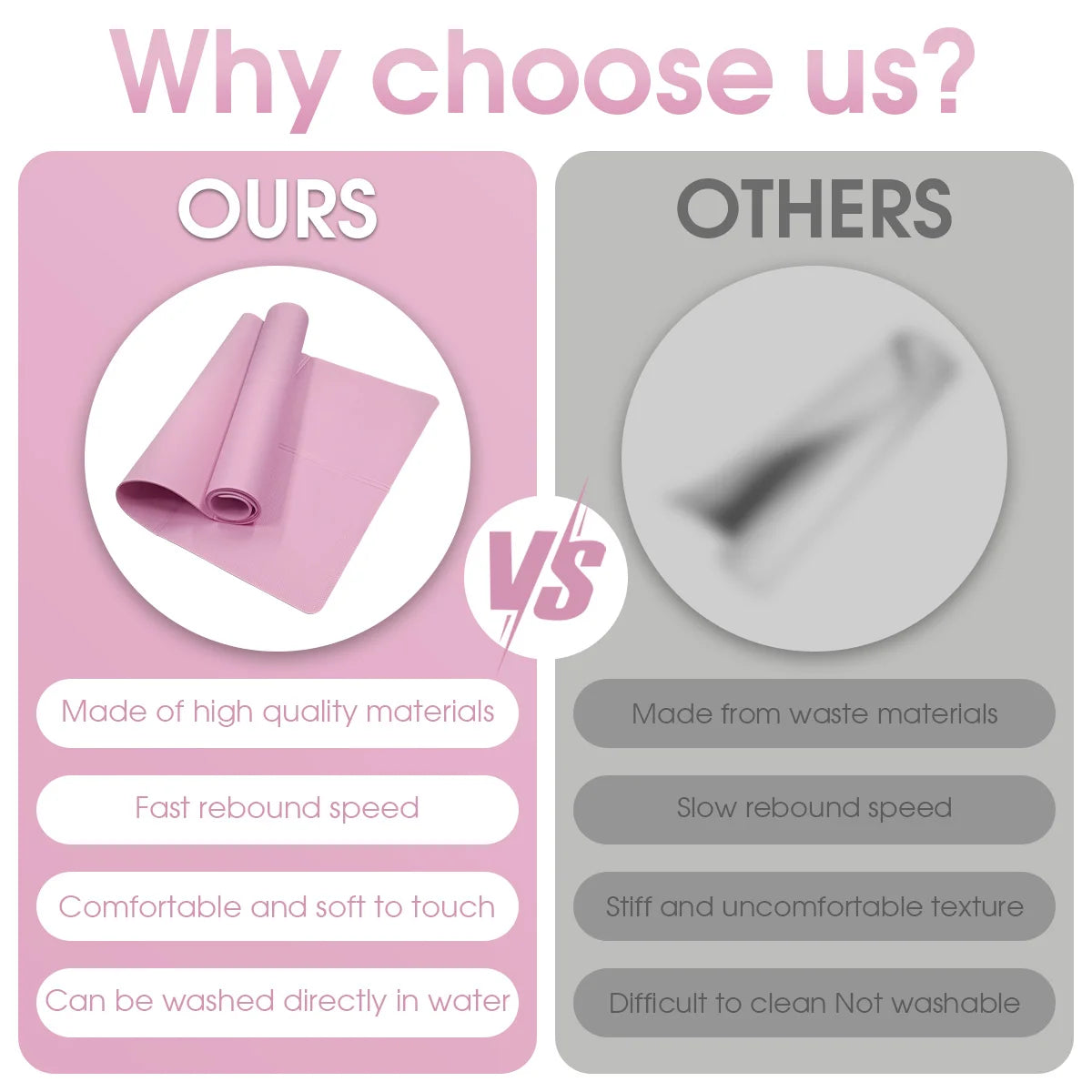 Comparison chart between 'OURS' and 'OTHERS' with pink and gray color schemes.