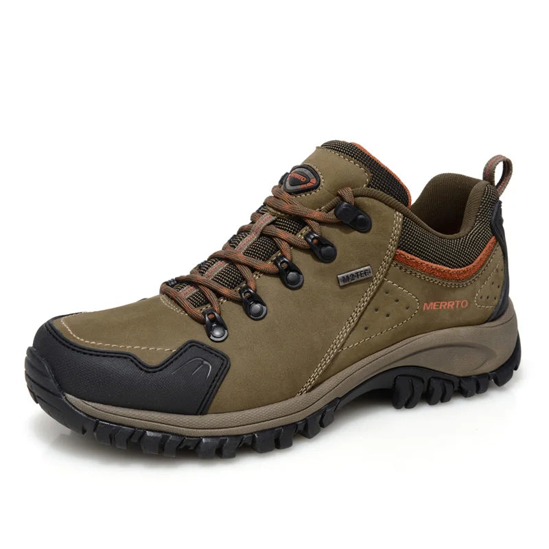 Brown hiking shoe with black sole on a white background