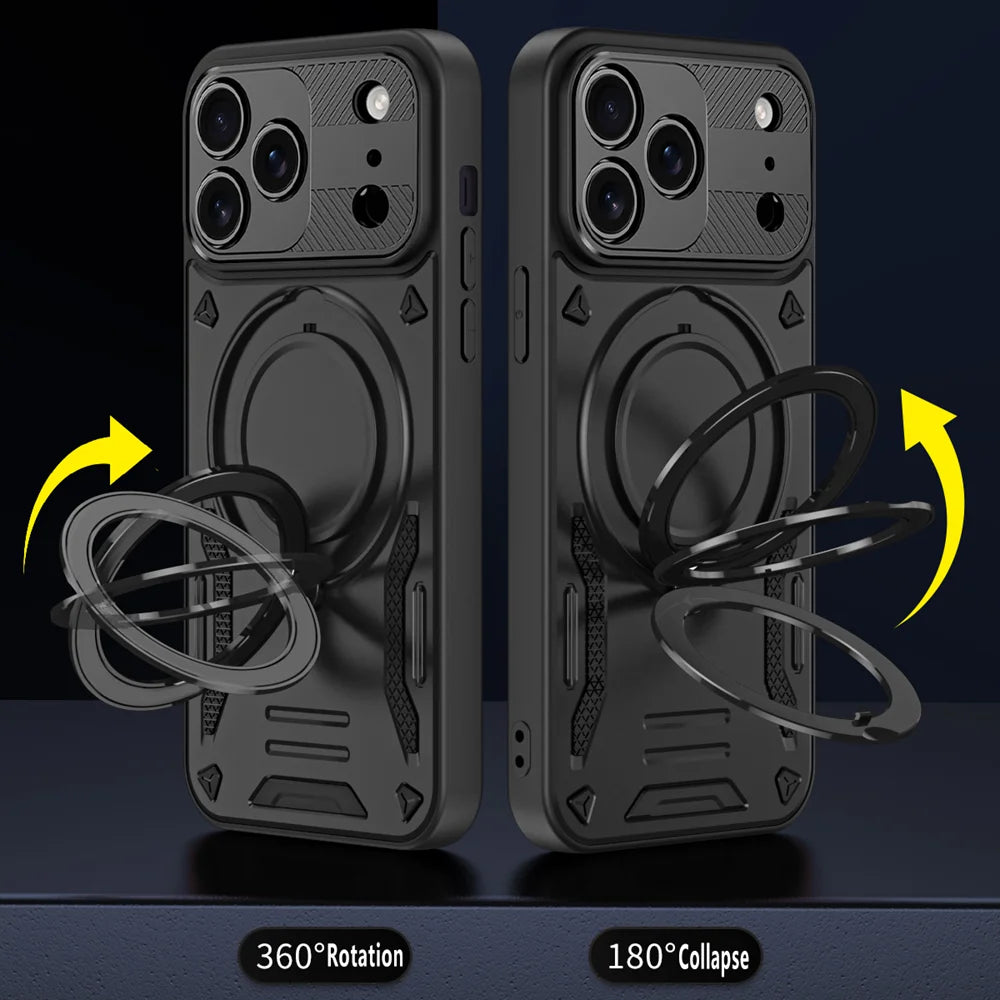 Black iphone case with ring holder showing 360-degree rotation and 180-degree collapse feature on a dark background.