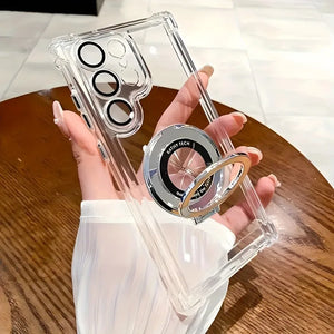 Clear phone case with ring holder held by a hand on a wooden surface