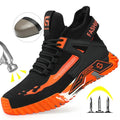 Black and orange safety work boots with a breathable mesh upper, thick textured sole, and graphic accents, shown on a white background with inset callouts about impact resistance and puncture protection.