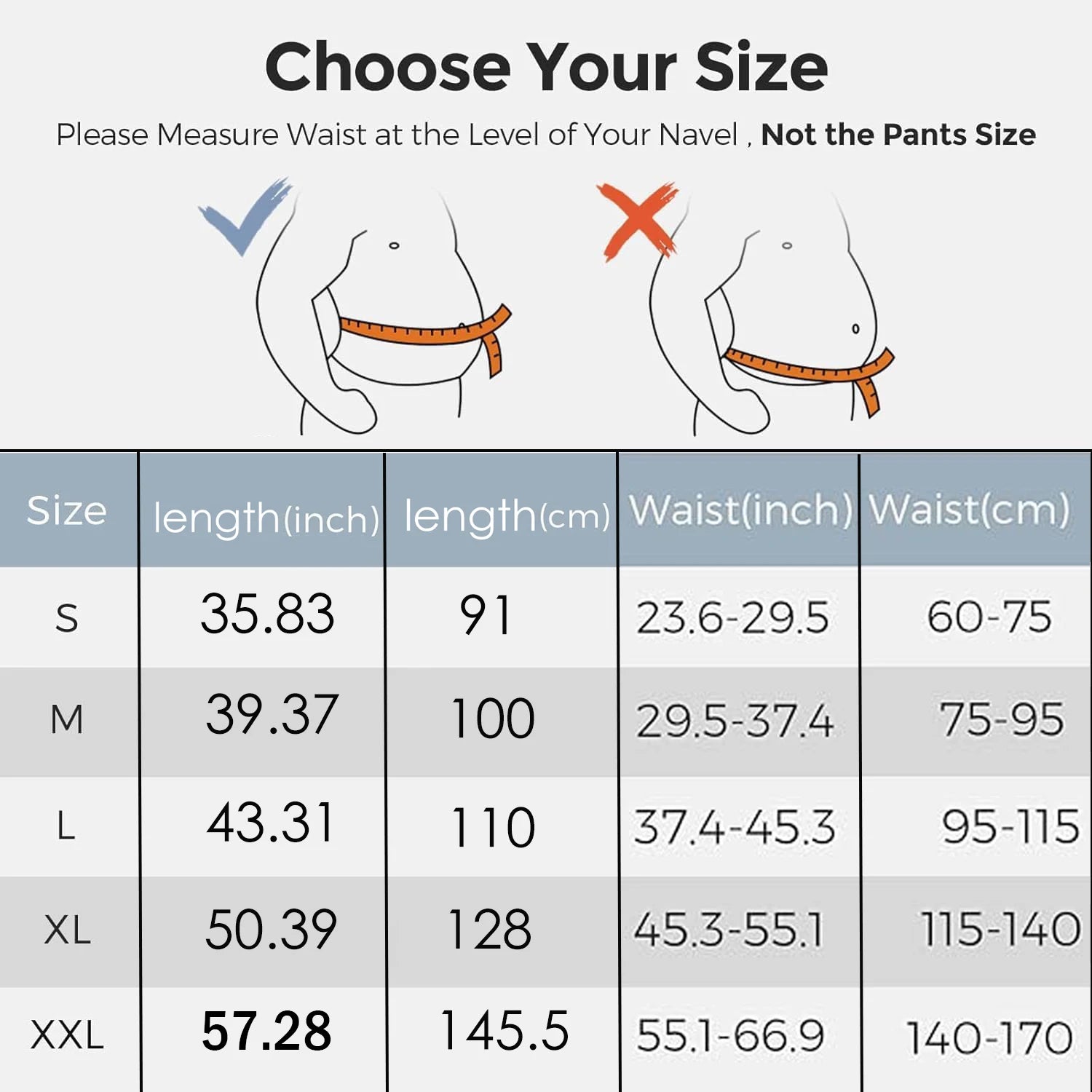 waist support belt for lower back Size chart for clothing with waist measurement instructions and dimensions.