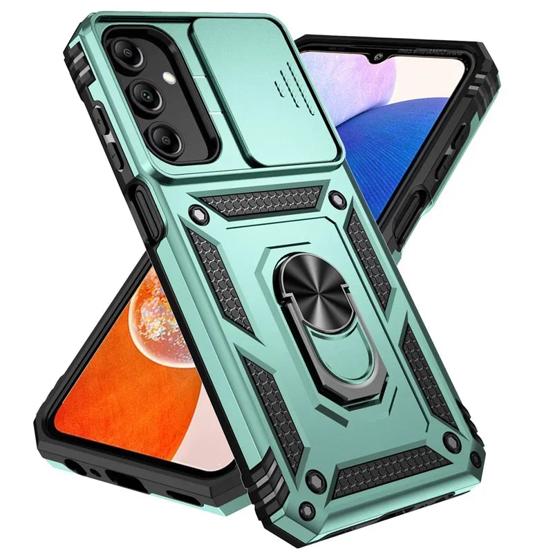 Teal Military Armor Samsung Galaxy Case with Slide Camera Lens and Holder Ring