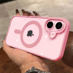 Pink Luxury Magnetic Transparent Bumper Case for iPhone 11–17 held by a hand