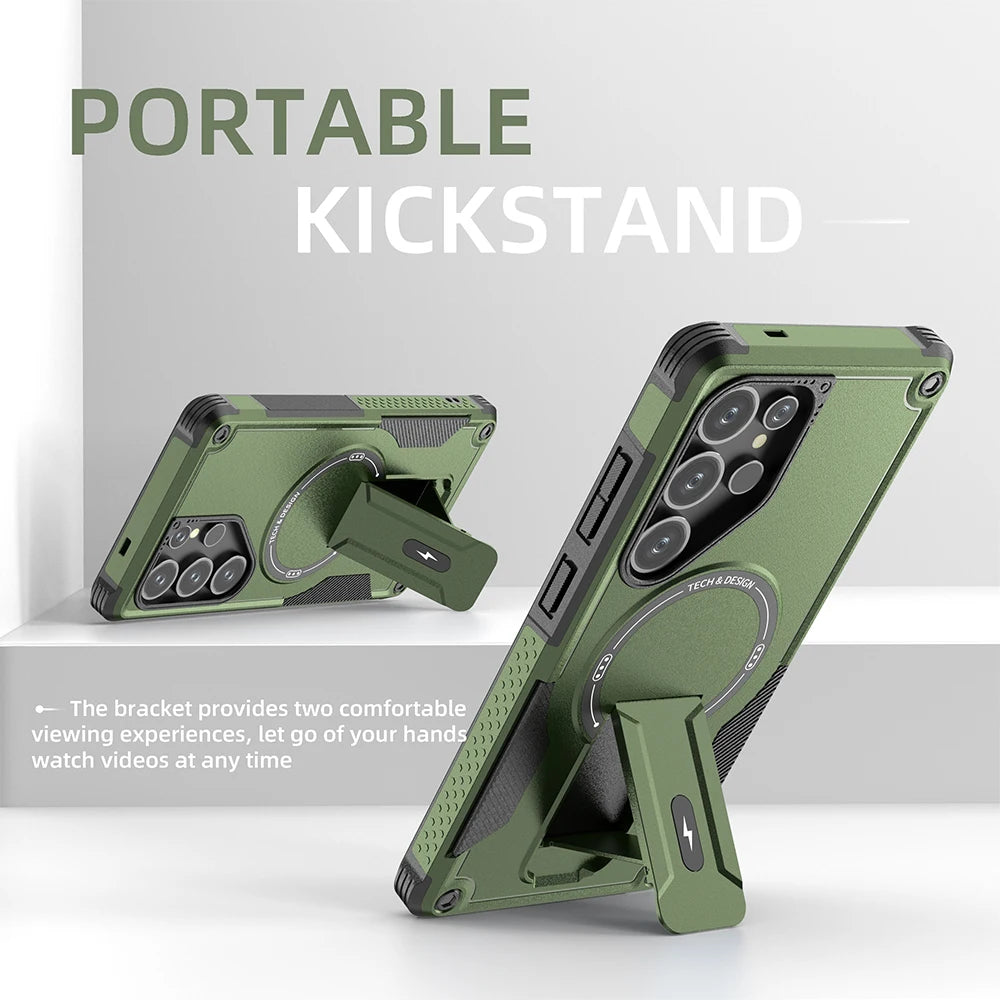 Magnetic Fold Stand Armor Case for Samsung Galaxy S24 S25 S26 & A Series.