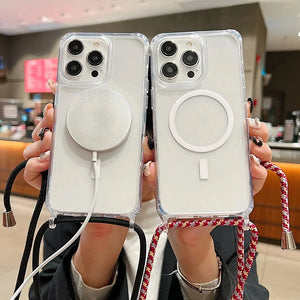 Two Shockproof Magnetic Clear iPhone Case with Hanging Rope Cover held side by side.