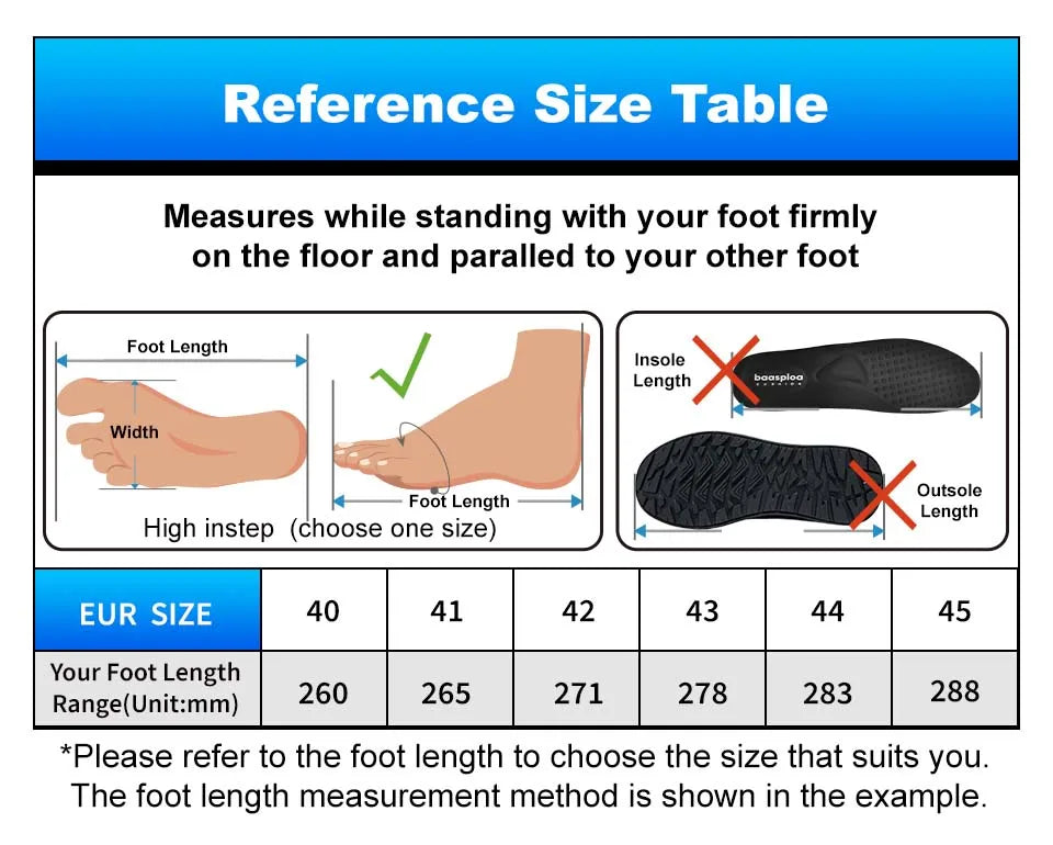 Reference size table for foot measurements with illustrations and EUR size chart.