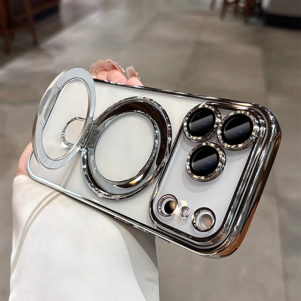 Transparent Plating iPhone Case with camera lens and flash design held by a person