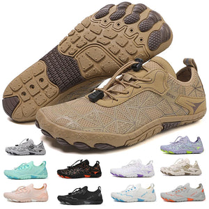 A pair of minimalist water shoes in tan/beige with geometric knit patterns, shown on a white background with one shoe displaying the sole and a second showing the top. Smaller thumbnails along the bottom show additional color options.