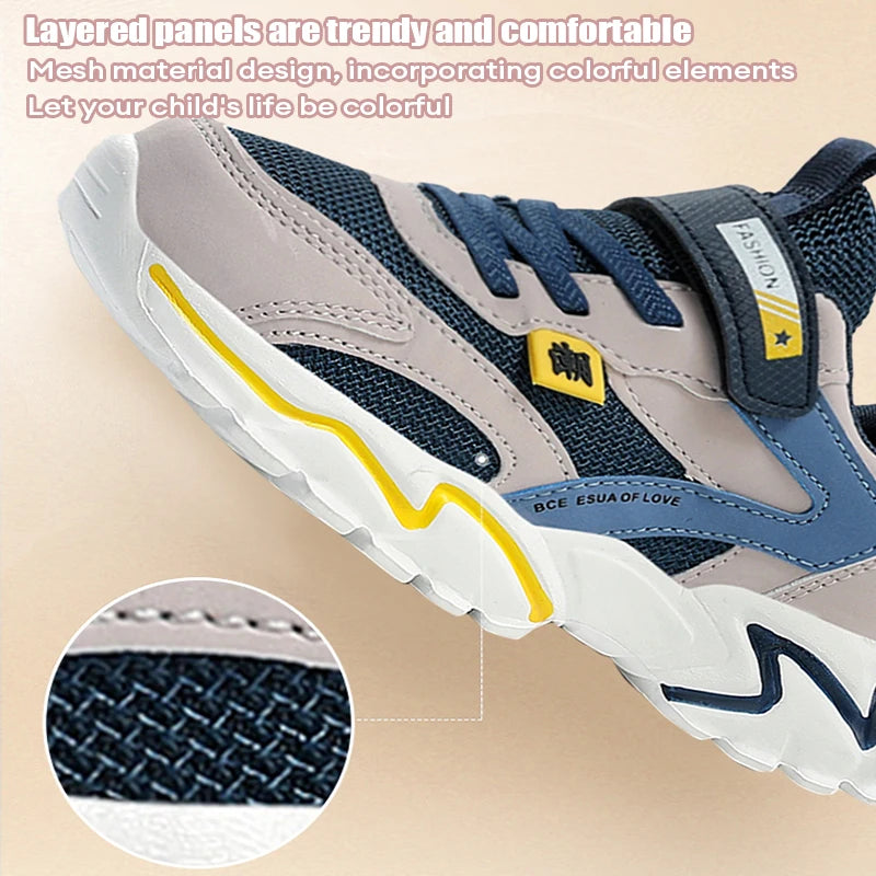 Children's sneaker with blue and gray design on a beige background