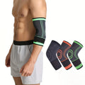 Person wearing a black and green elbow support with inset images of three knee supports.