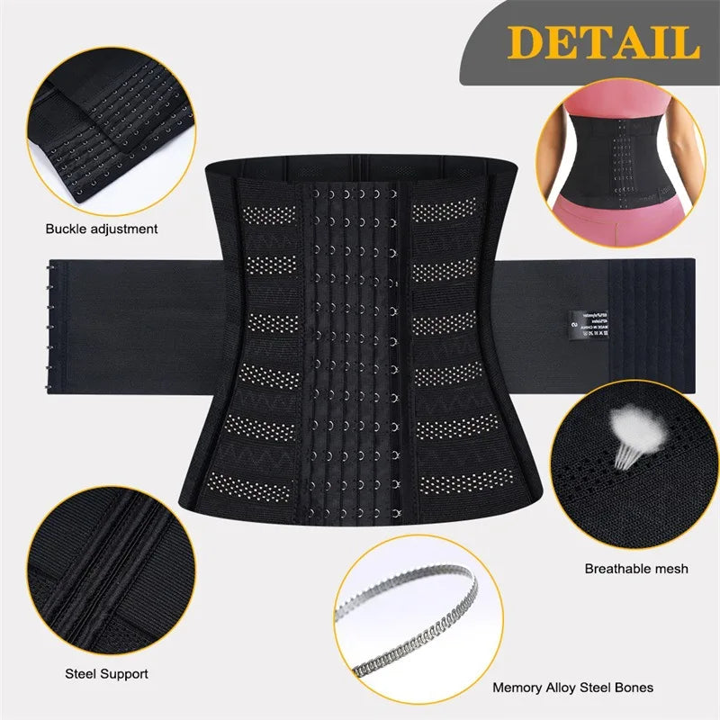 Black waist trainer with detailed features on a white background