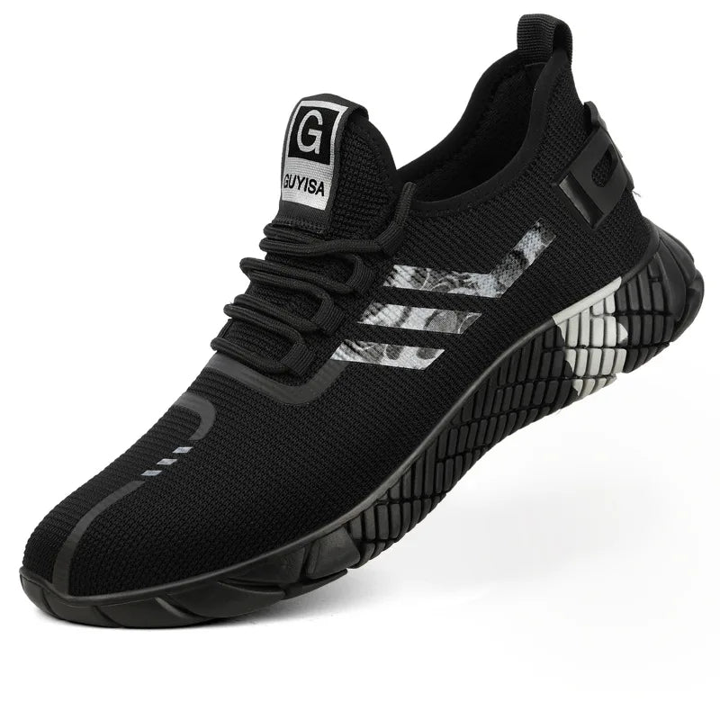 A black knit athletic sneaker with a textured sole, featuring three abstract silver and gray stripes on the side and a white tongue label with a black 'G' and 'GUY VISA' text.