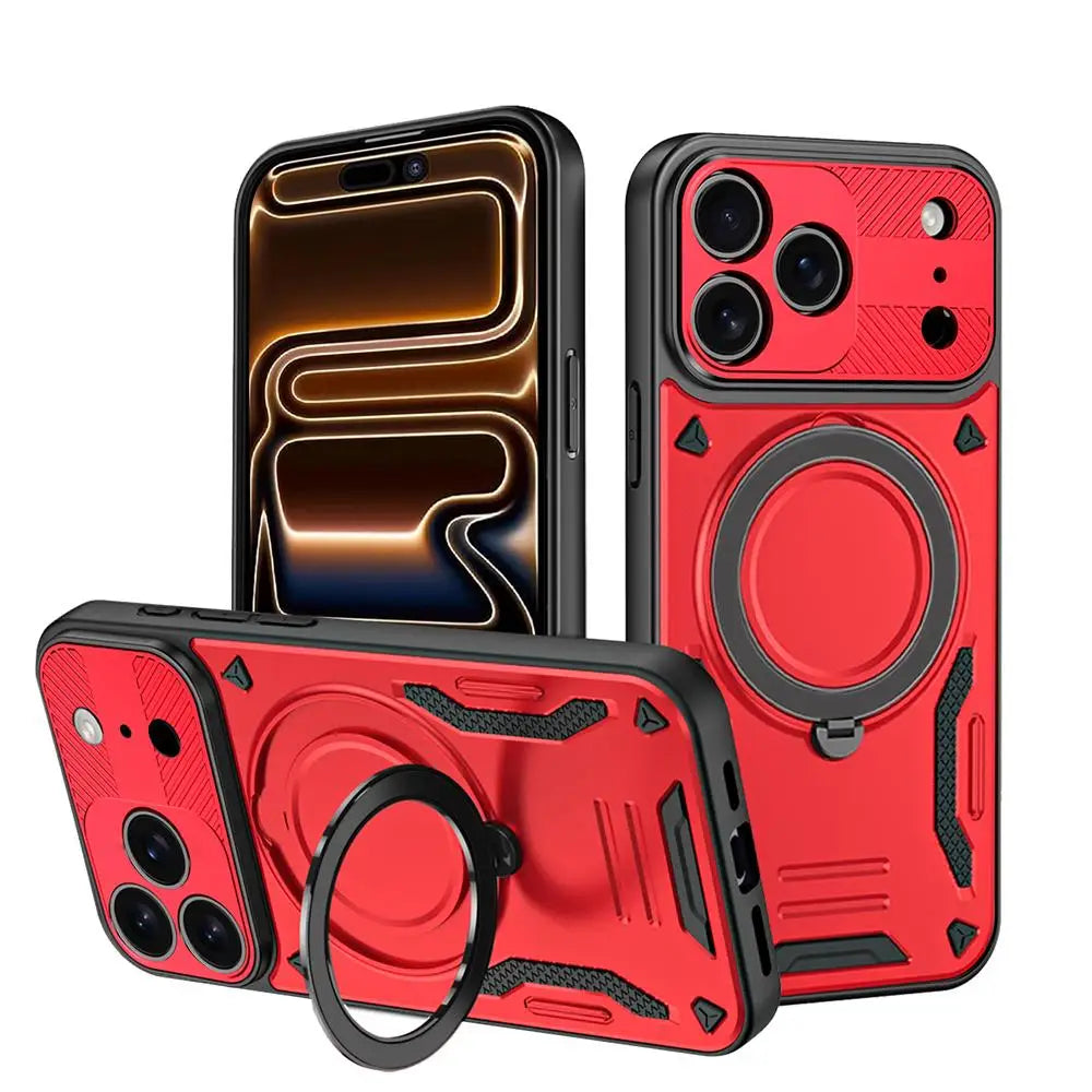 Red and black Luxury Armor Magnetic iPhone Case with Ring Kickstand Full Coverage PC TPU