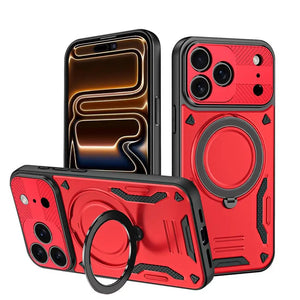 Red and black Luxury Armor Magnetic iPhone Case with Ring Kickstand Full Coverage PC TPU