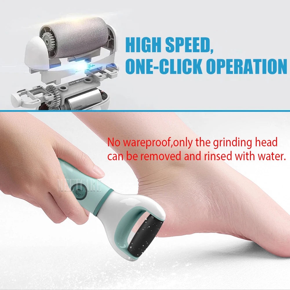 Foot scrubber with text highlighting high-speed operation and ease of use.