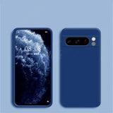 Blue Liquid Silicone Case for Pixel with phone displaying time and date on a blue background