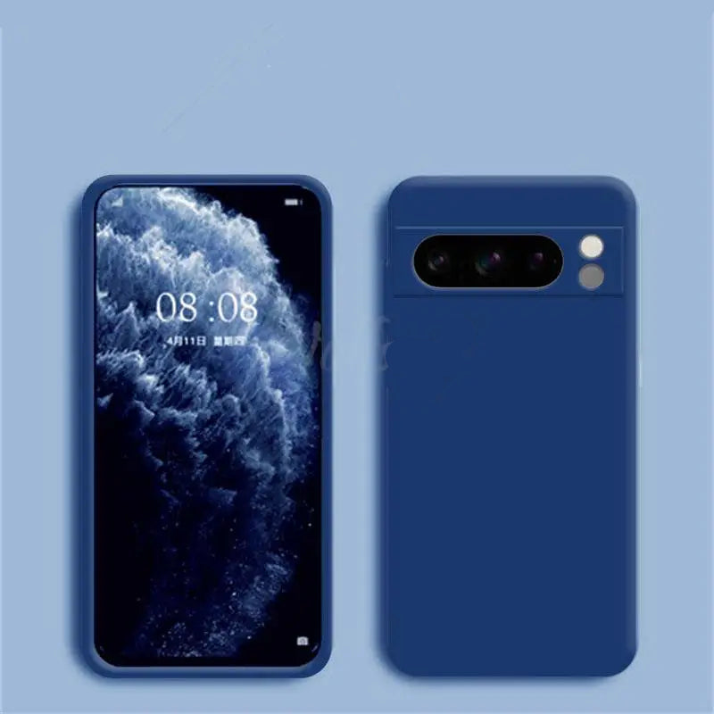 Blue Liquid Silicone Case for Pixel with phone displaying time and date on a blue background