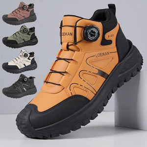 A pair of LoEikan mid-top outdoor hiking shoes shown in a main orange and black colorway, with five smaller color variants aligned vertically on the left. The main shoe is displayed on a light gray studio background with a white block prop.
