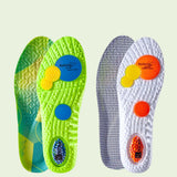 Green and white shoe insoles with colorful accents on a light green background