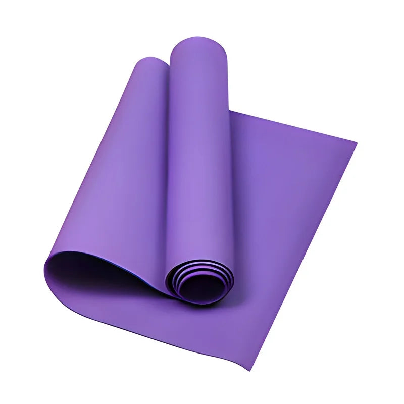 Purple yoga mat rolled up on a white background