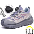 Gray and purple safety work shoe sneaker with a close-up of a sole feature, hammer, and candle illustrations on a white background.