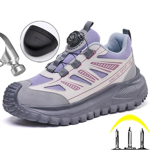 Gray and purple safety work shoe sneaker with a close-up of a sole feature, hammer, and candle illustrations on a white background.