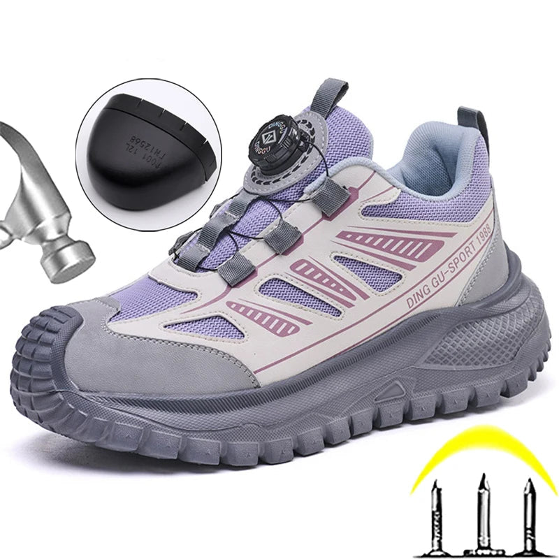 Gray and purple safety work shoe sneaker with a close-up of a sole feature, hammer, and candle illustrations on a white background.